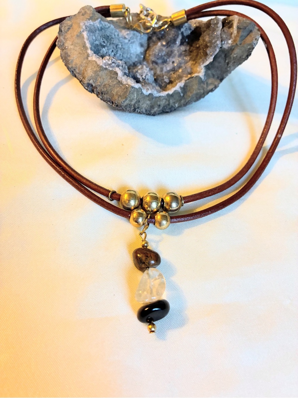 Boho Brown Leather Multi-Strand Necklace with Gold Bead Pendant